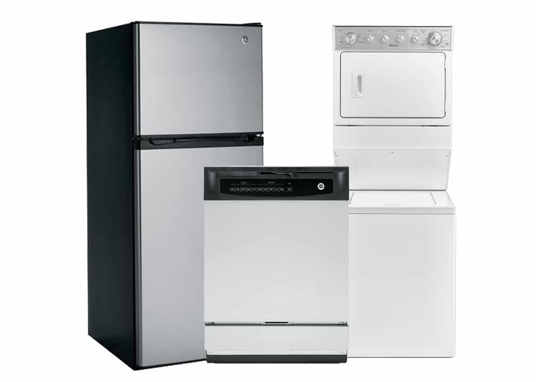 Stainless steel fridge, stainless steel dishwasher, and white washer/dryer unit