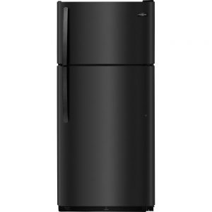 Black frigidaire refrigerator with a freezer on the top