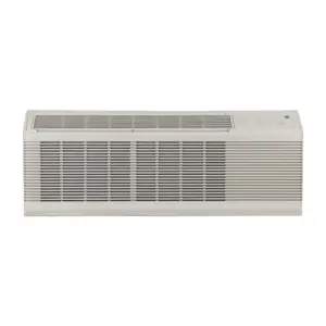 White window air conditioner unit viewed from the front, showing the vent grille and control panel on the right side.