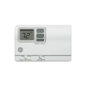 Partial view of a white digital thermostat showing the display reading 72°, with mode Hold and GE logo visible below the screen.