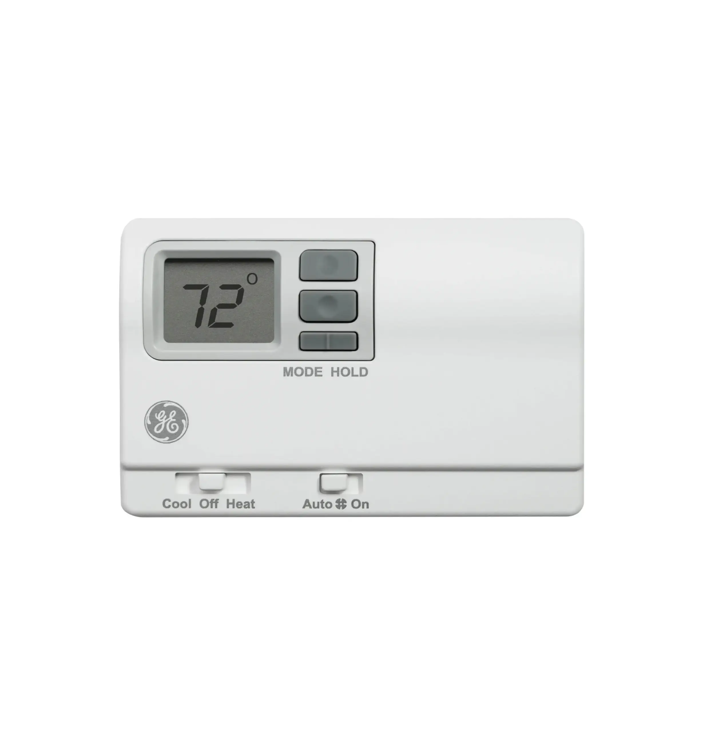 RAK149P2 - GE - Programmable Wall Thermostat | Allied Appliance Partial view of a white digital thermostat showing the display reading 72°, with mode Hold and GE logo visible below the screen.