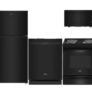 Set of black kitchen appliances: tall top-freezer refrigerator on the left, dishwasher in the center, electric range with oven on the right, and a microwave above-right.