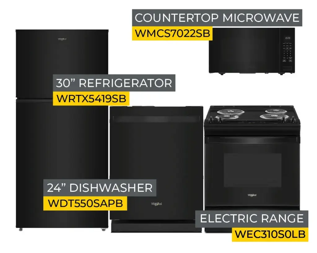 A collage of black kitchen appliances with yellow model-number labels: 30-inch refrigerator, 24-inch dishwasher, countertop microwave, and electric range (models WRTX5419SB, WDT550SAPB, WMCS7022SB, WEC310SOLB).