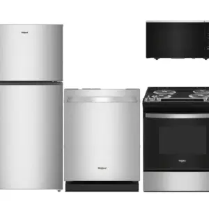Whirlpool stainless steel kitchen appliance set: top-freezer refrigerator, bottom-freezer fridge, dishwasher, microwave, and electric range.