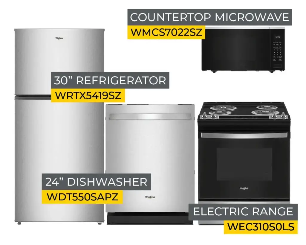 Collage of stainless steel kitchen appliances: refrigerator, dishwasher, microwave, and oven with model codes overlayed on yellow labels.