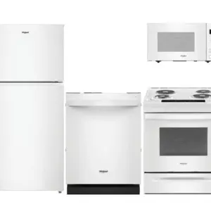 White Whirlpool kitchen appliance set: refrigerator, dishwasher, electric range, and over‑range microwave.