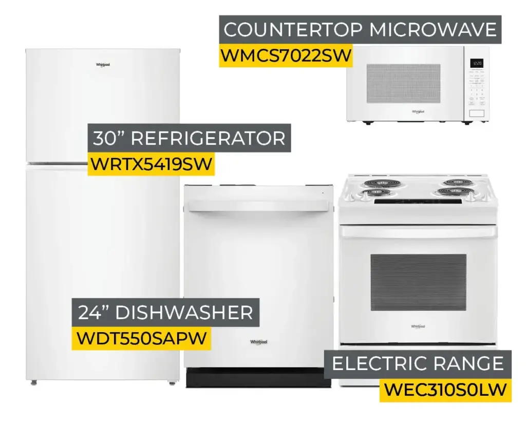 Collage of white Whirlpool appliances: refrigerator, dishwasher, electric range and microwave with product codes WMCS7022SW, WRTX5419SW, WDT5505APW, WEC310SOLW.
