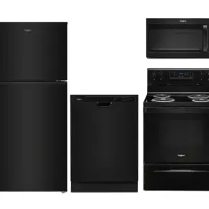 Black kitchen appliance set: top-freezer refrigerator, bottom freezer, dishwasher, microwave, and electric range/oven side by side with a cohesive dark finish.