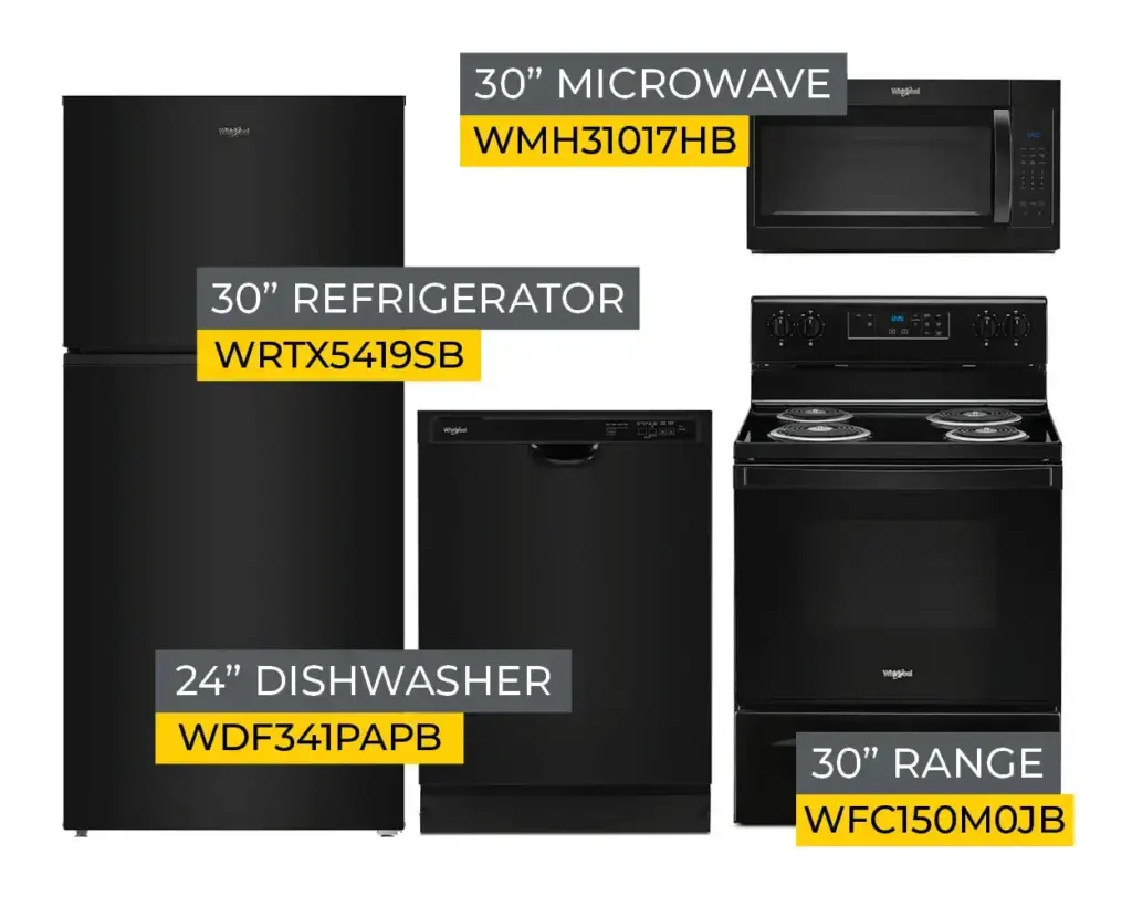 Collage showing four black Whirlpool kitchen appliances with model numbers: microwave WMH31017HB, refrigerator WRTX5419SB, dishwasher WDF341PAPB, and range WFC150M0JB.