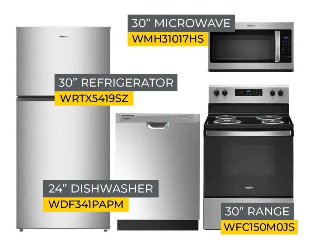 Whirlpool stainless steel kitchen suite: fridge, microwave, dishwasher, and range.