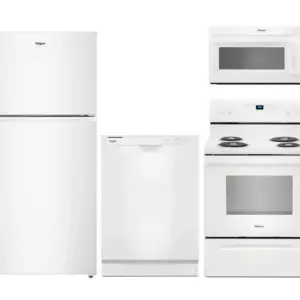White Whirlpool kitchen appliance set: top-freezer refrigerator, dishwasher, microwave, and electric range with oven arranged side by side.