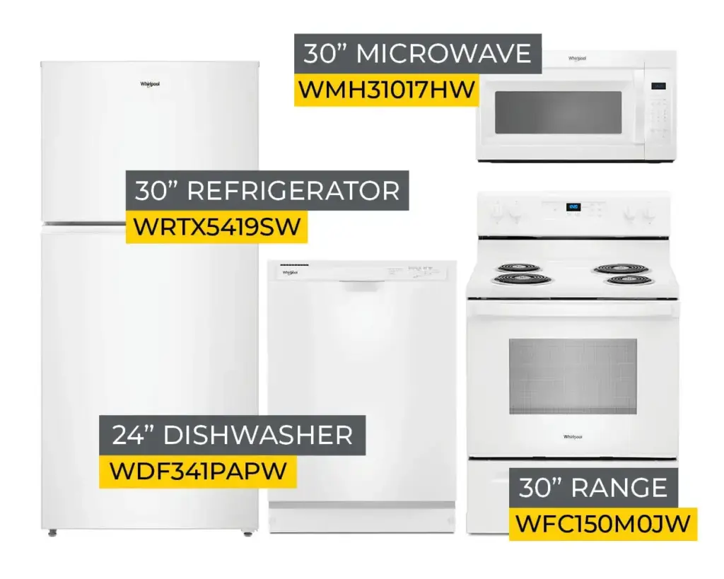 Whirlpool white appliance collage showing sizes and model numbers: microwave WMH31017HW, refrigerator WRTX5419SW, dishwasher WDF341PAPW, range WFC150M0JW