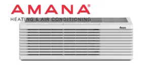 Amana air conditioner unit with a red AMANA logo above it and 'HEATING & AIR CONDITIONING' text.