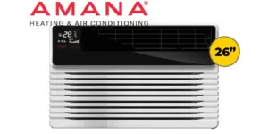 Amana Heating & Air Conditioning logo above a white 26-inch window air conditioner unit.