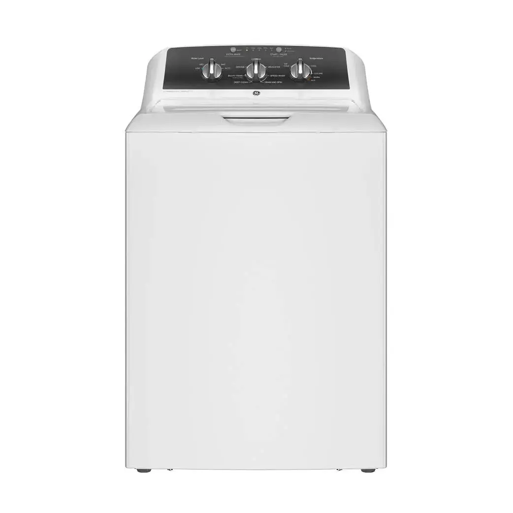 Top-loading washing machine with a dark control panel on top and white body. Controlled dials visible on the lid area.