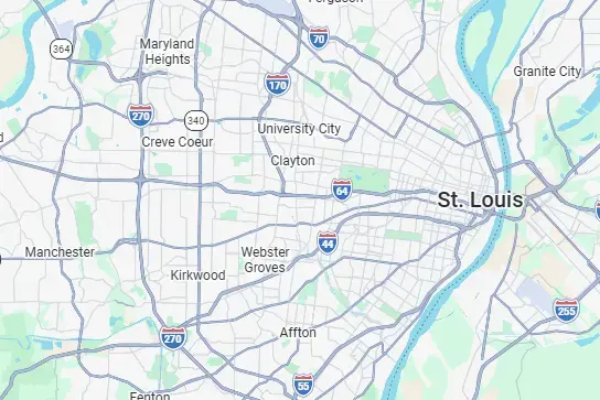 Map of the St. Louis area showing major interstates (I-44, I-55, I-70, I-64) and surrounding towns like University City, Clayton, and Webster Groves.