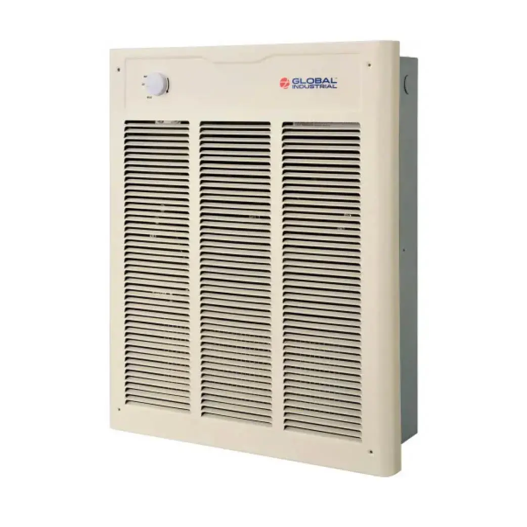 Beige Global Industrial air heater with three vented front panels and a top-left control knob