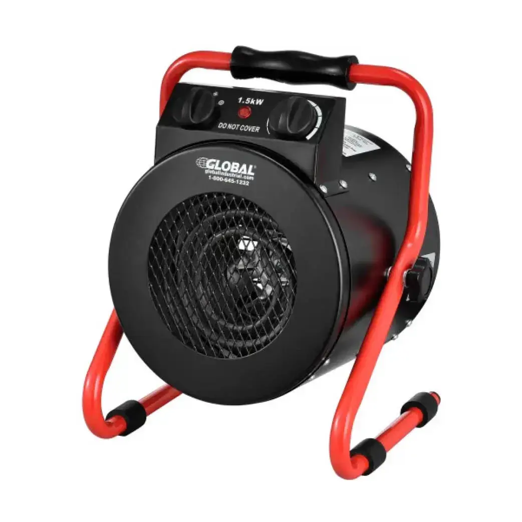 WB653579 - Global Industrial - Portable Electric Heater | Allied Appliance Portable electric space heater with a red frame and black body, circular front grille, 1500W rating, and carrying handle.