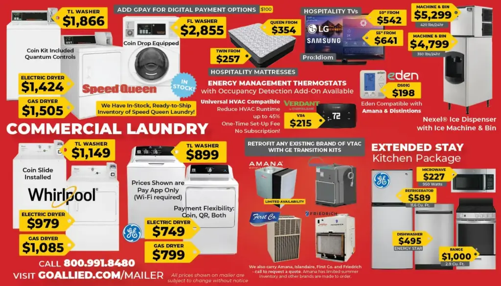 Bright red appliance sale ad collage showing washers, dryers, refrigerators and price tags for different brands, promotional labels included.