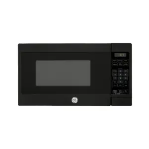 Top-right view of a black GE microwave with a digital clock and control panel visible on the right