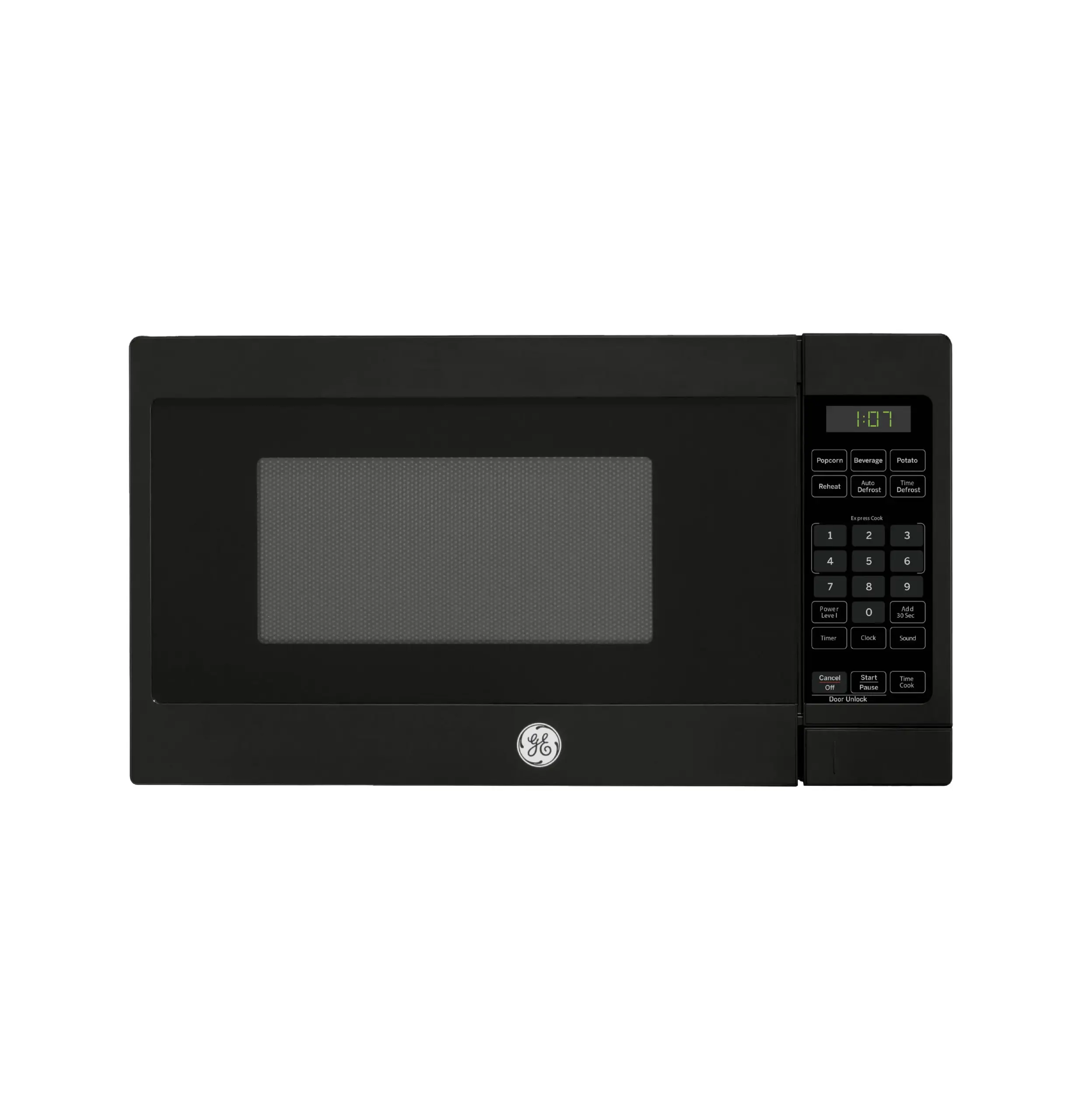 GCST07N1WBB - GE - 07 Cu Ft Countertop Microwave - Black | Allied Appliance Top-right view of a black GE microwave with a digital clock and control panel visible on the right