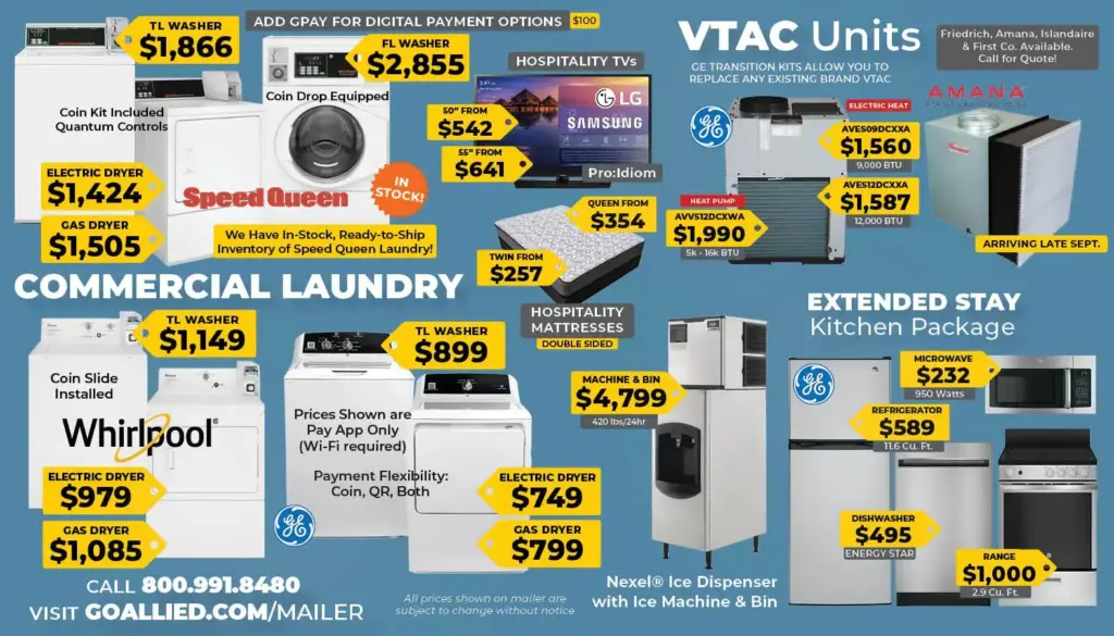 Promotional collage of kitchen and laundry appliances with yellow price tags (washers, dryers, refrigerators, microwaves) and brand logos.