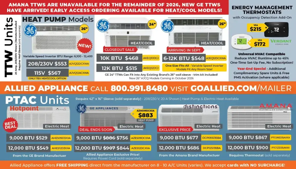 Wide HVAC sale banner featuring GE heat pumps and PTAC units with prices and model numbers.