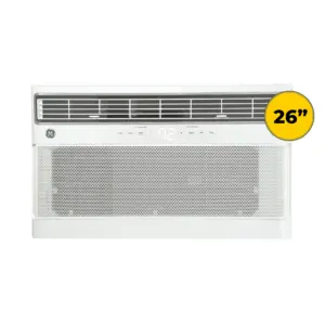 AJVQ + AJCQ - GE - 26 In TTW | Allied Appliance White window air conditioner unit with vent grille and a large yellow 26