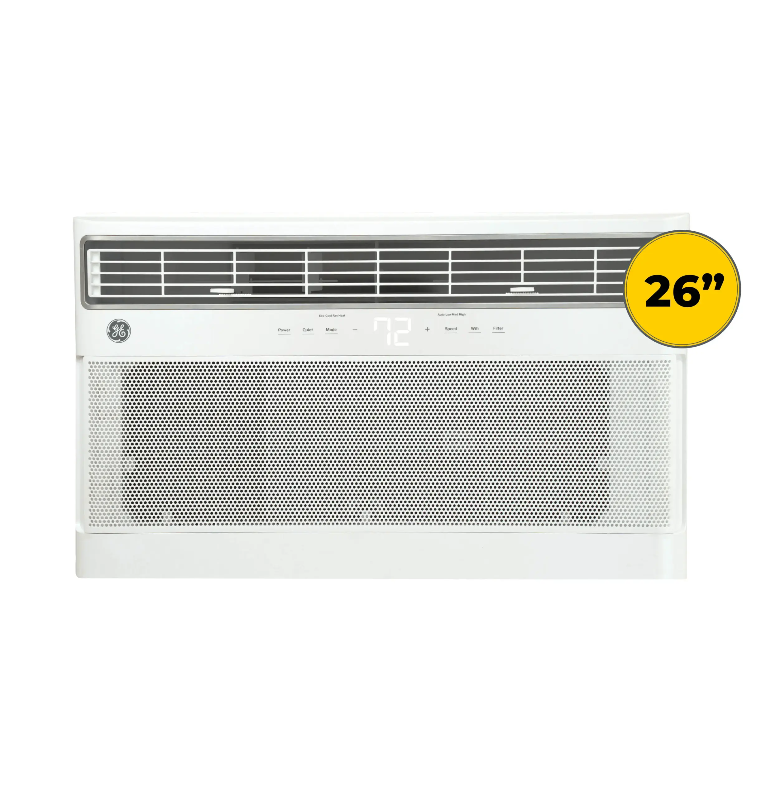 AJVQ + AJCQ - GE - 26 In TTW | Allied Appliance White window air conditioner unit with vent grille and a large yellow 26