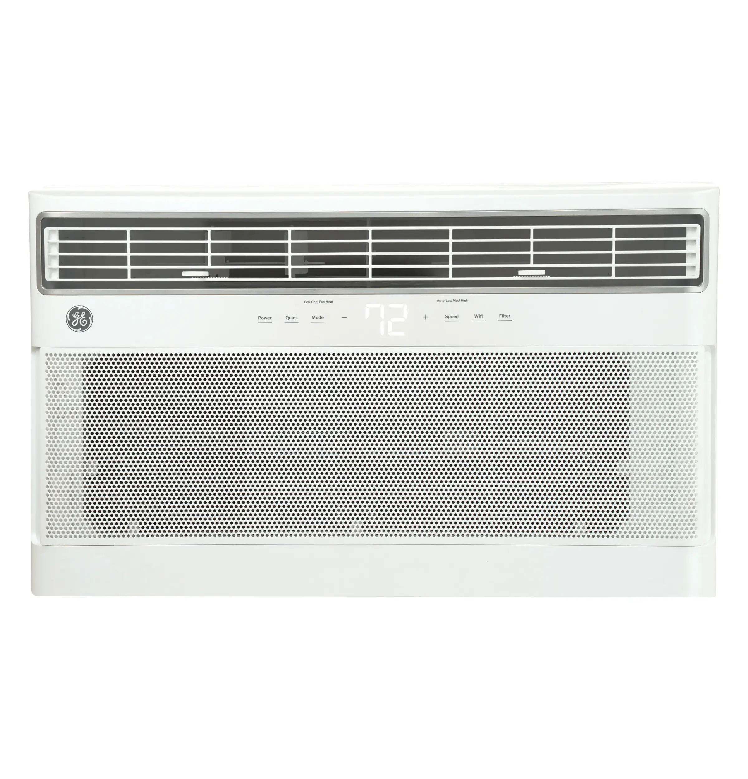 GE 26 TTW - AJEQ + AJCQ 1 | Allied Appliance White GE air conditioner unit with horizontal vent louvers and a digital display reading 72°