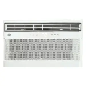 White GE window air conditioner with front grille and digital display showing 72°F/72.