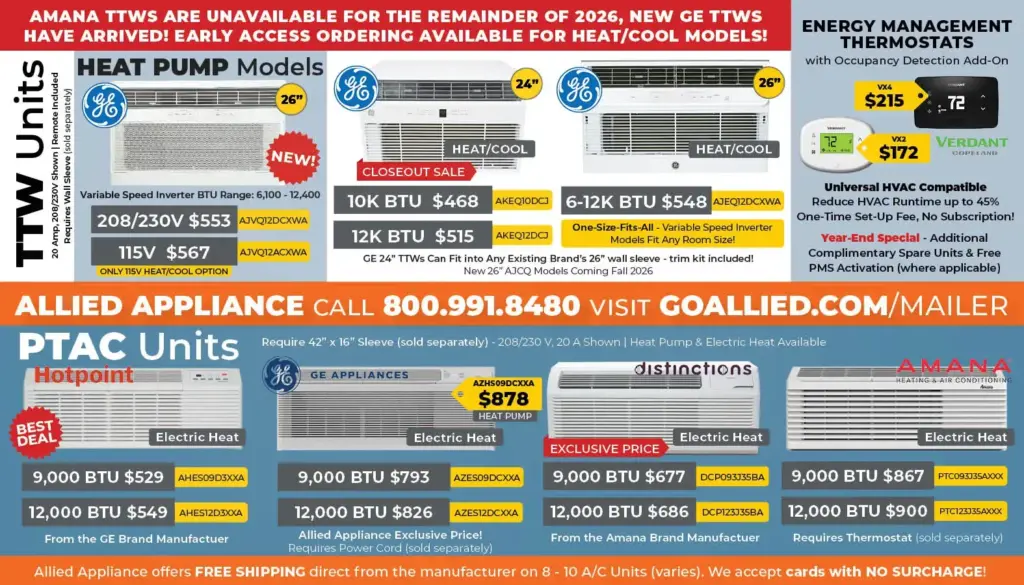 Colorful HVAC ad featuring GE heat pump and PTAC units with price tags and model names for Allied Appliance.